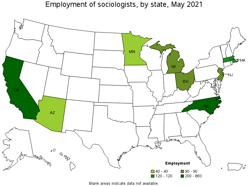 Map of employment of sociologists by state, May 2021