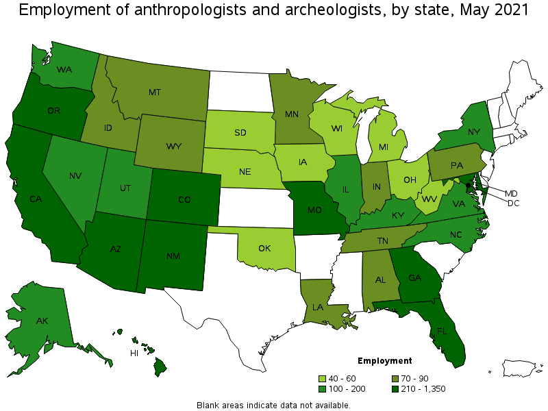 Map of employment of anthropologists and archeologists by state, May 2021