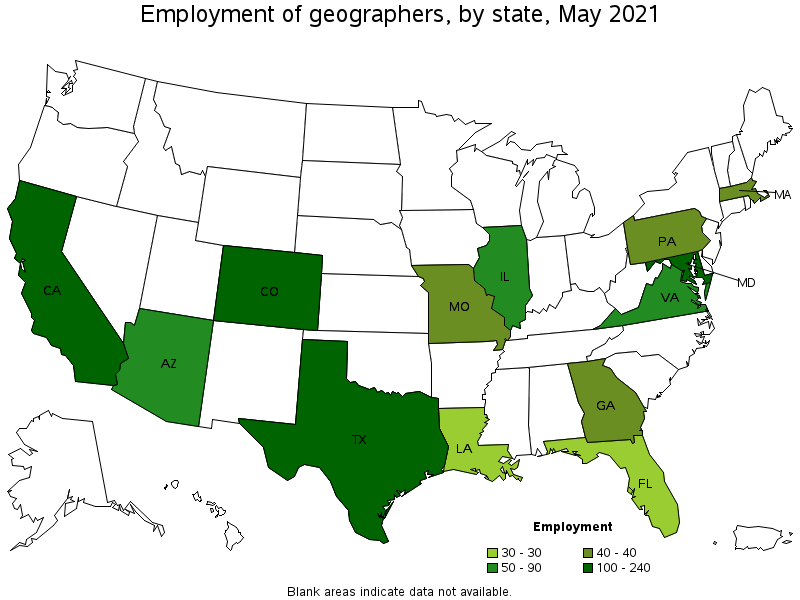 Map of employment of geographers by state, May 2021