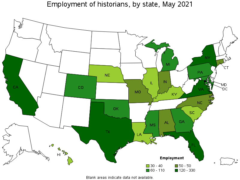 Map of employment of historians by state, May 2021