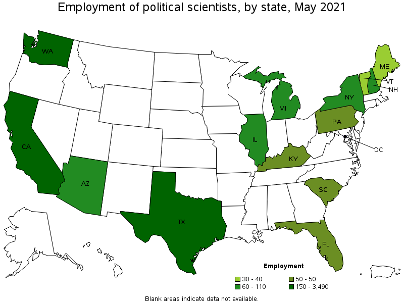 Map of employment of political scientists by state, May 2021