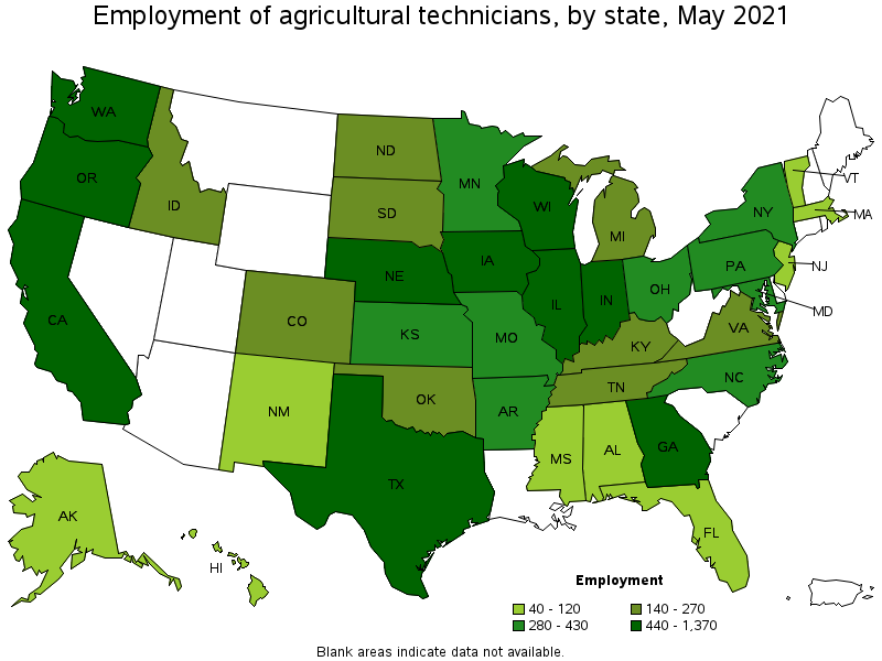Map of employment of agricultural technicians by state, May 2021