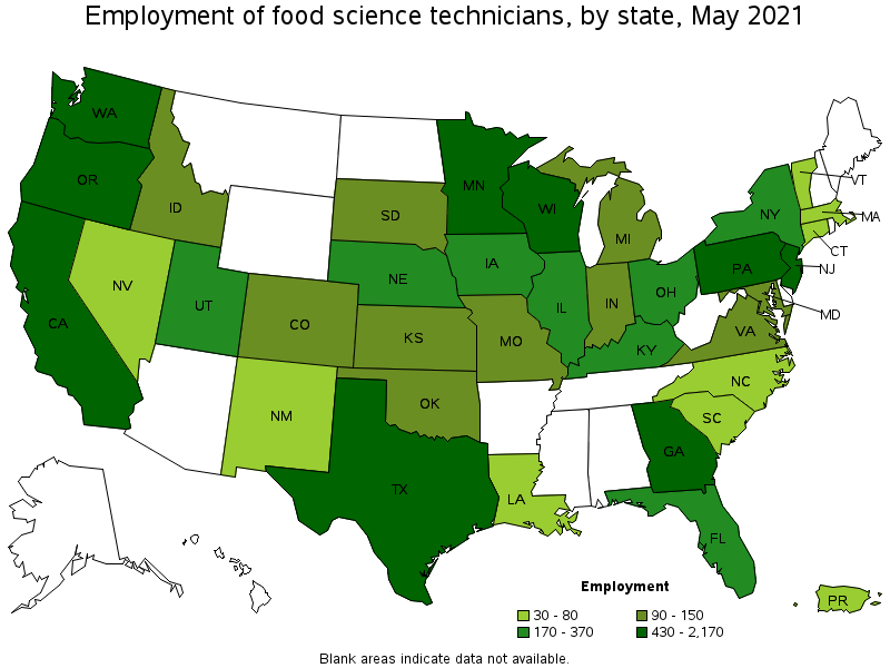 Map of employment of food science technicians by state, May 2021