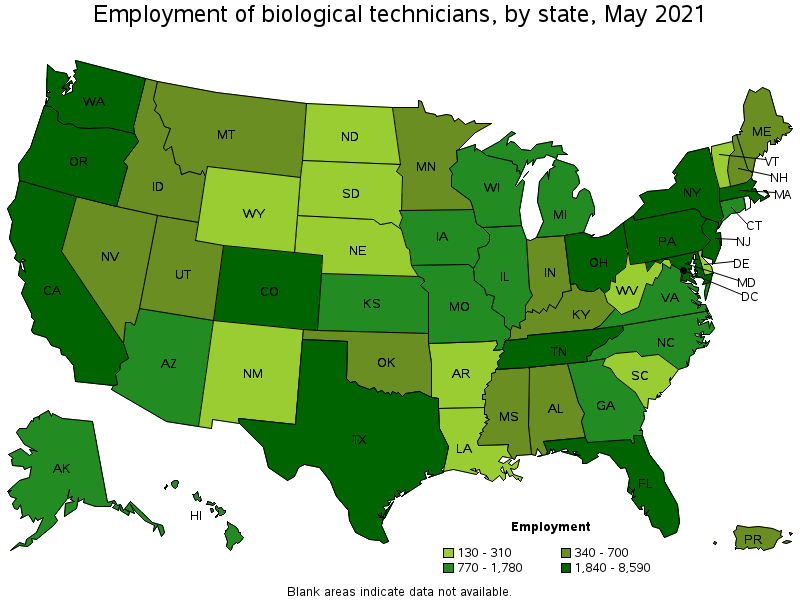 Map of employment of biological technicians by state, May 2021