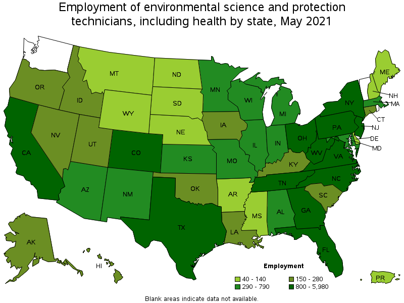 Map of employment of environmental science and protection technicians, including health by state, May 2021
