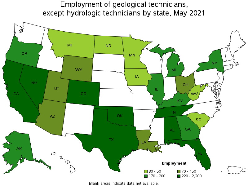 Map of employment of geological technicians, except hydrologic technicians by state, May 2021