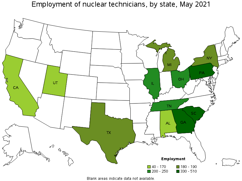Map of employment of nuclear technicians by state, May 2021