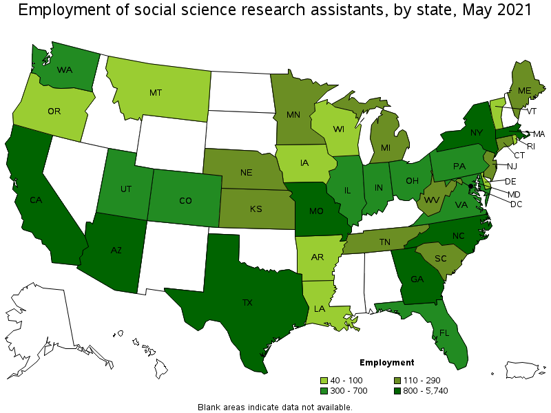 Map of employment of social science research assistants by state, May 2021