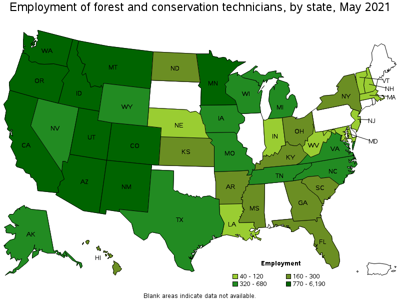Map of employment of forest and conservation technicians by state, May 2021