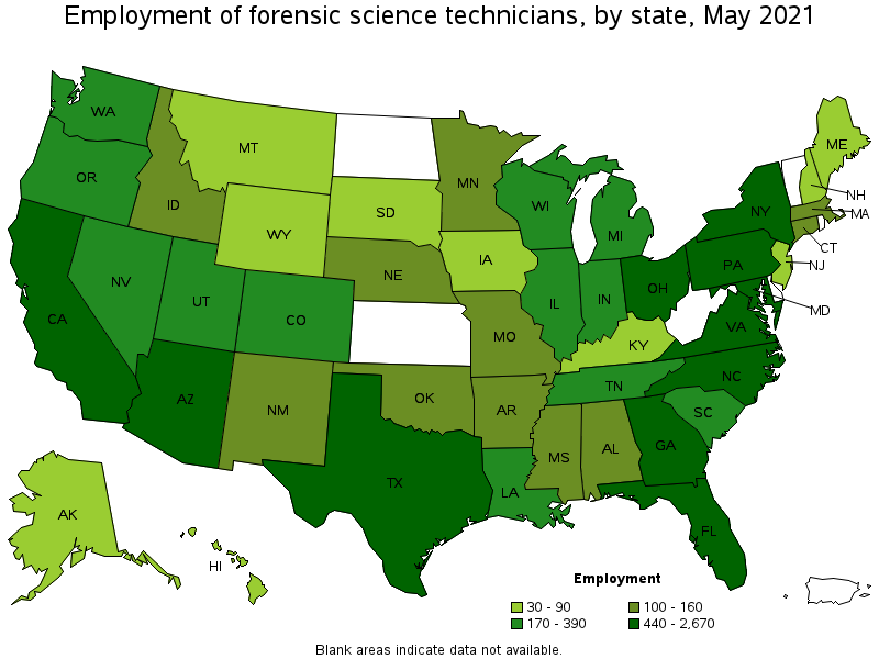 Map of employment of forensic science technicians by state, May 2021