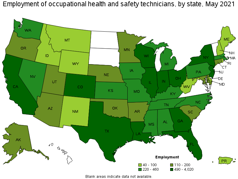 Map of employment of occupational health and safety technicians by state, May 2021