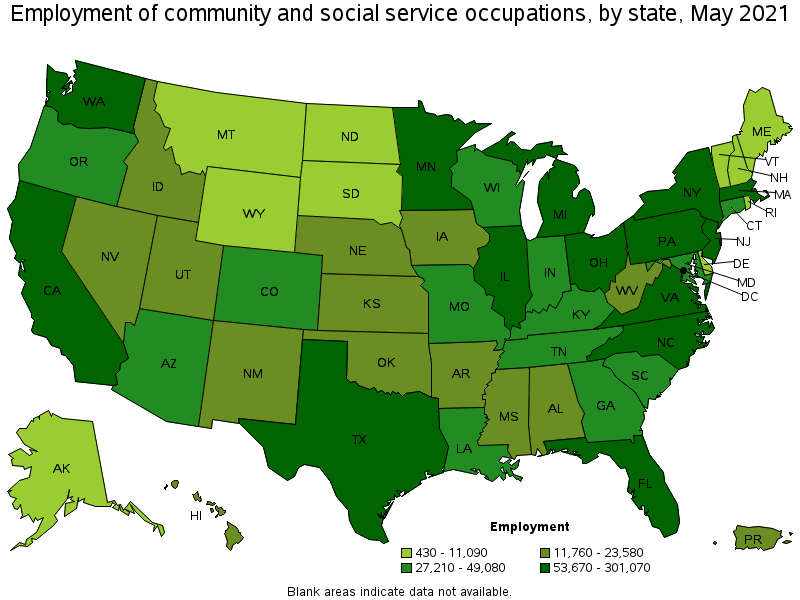 Map of employment of community and social service occupations by state, May 2021