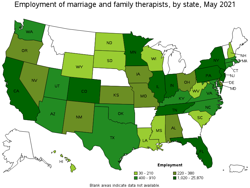 Map of employment of marriage and family therapists by state, May 2021