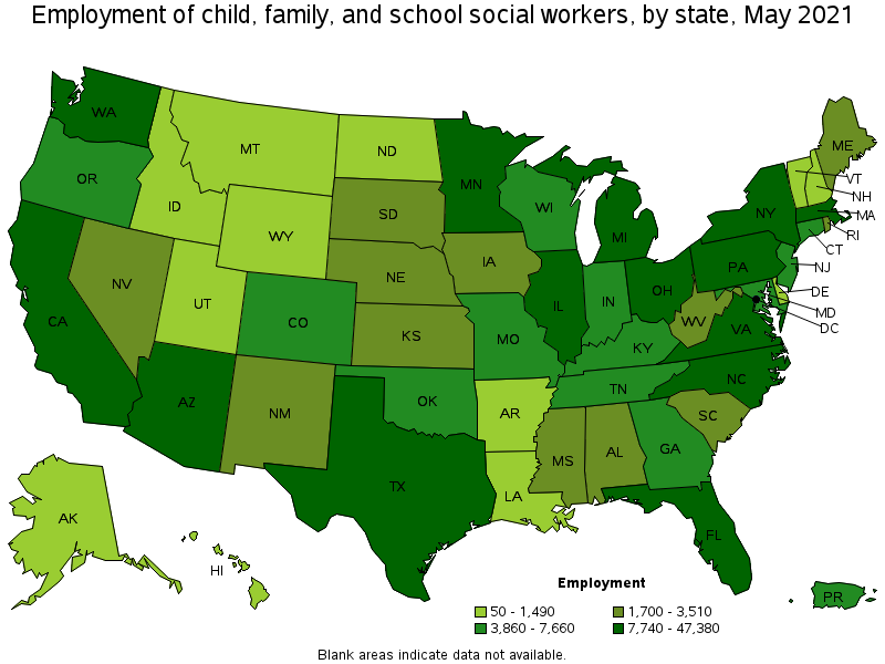 Map of employment of child, family, and school social workers by state, May 2021