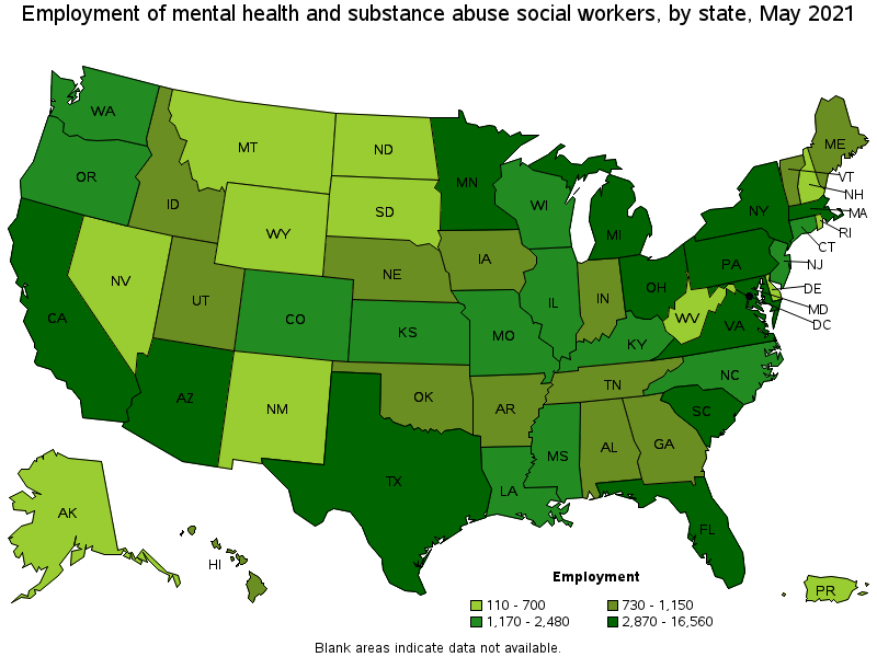 Map of employment of mental health and substance abuse social workers by state, May 2021