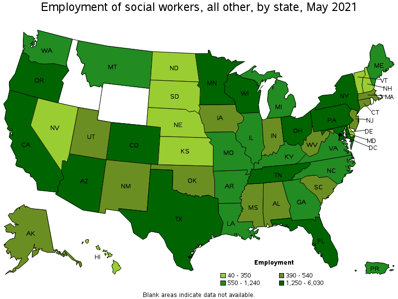 Map of employment of social workers, all other by state, May 2021