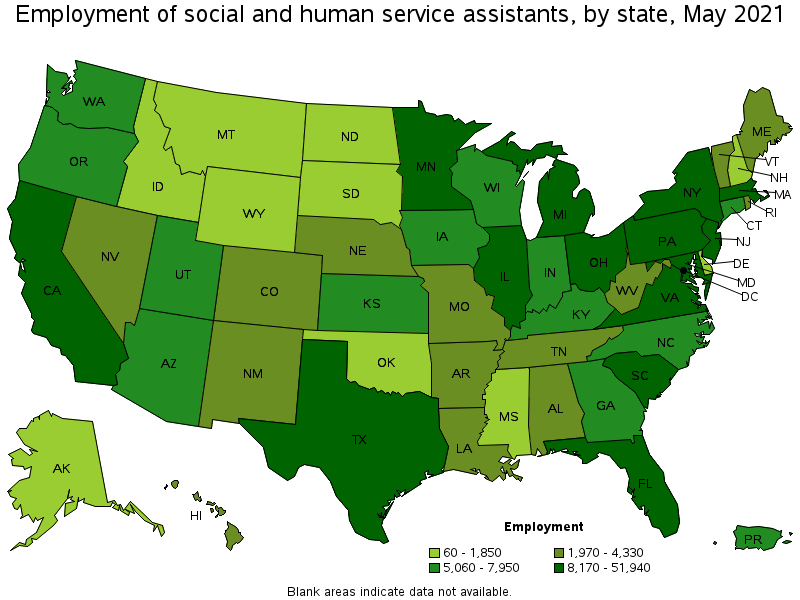 Map of employment of social and human service assistants by state, May 2021