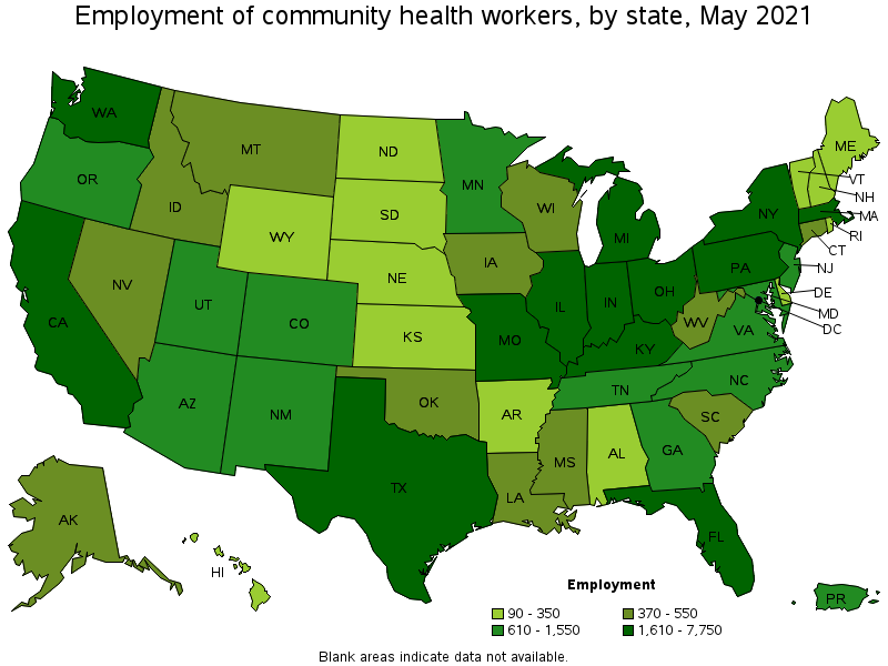 Map of employment of community health workers by state, May 2021