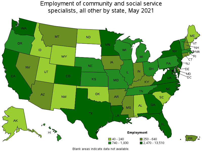 Map of employment of community and social service specialists, all other by state, May 2021