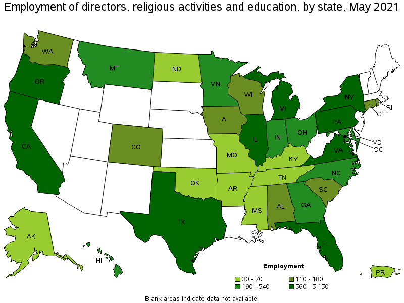 Map of employment of directors, religious activities and education by state, May 2021