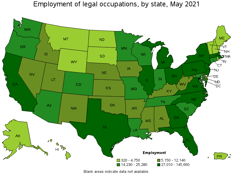 Map of employment of legal occupations by state, May 2021