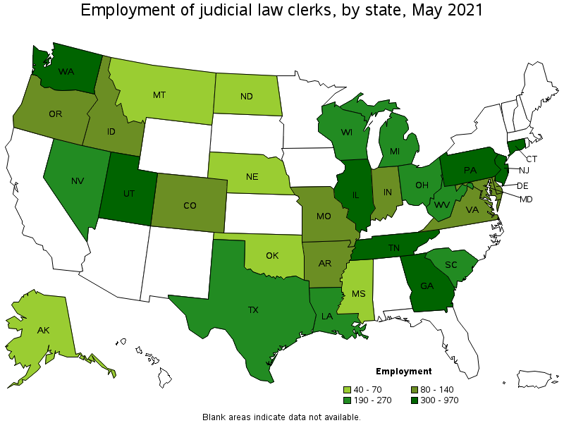 Map of employment of judicial law clerks by state, May 2021