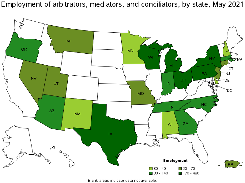 Map of employment of arbitrators, mediators, and conciliators by state, May 2021