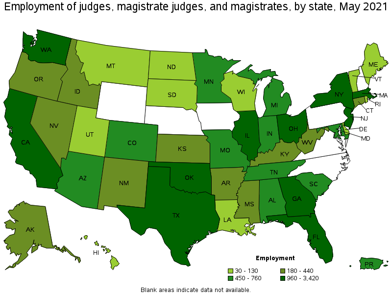 Map of employment of judges, magistrate judges, and magistrates by state, May 2021