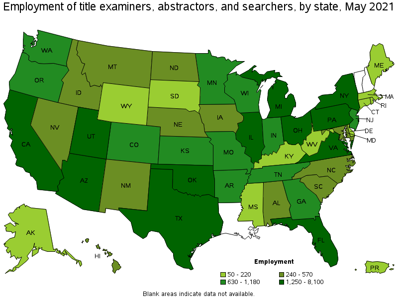 Map of employment of title examiners, abstractors, and searchers by state, May 2021