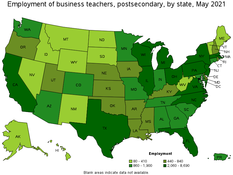 Map of employment of business teachers, postsecondary by state, May 2021