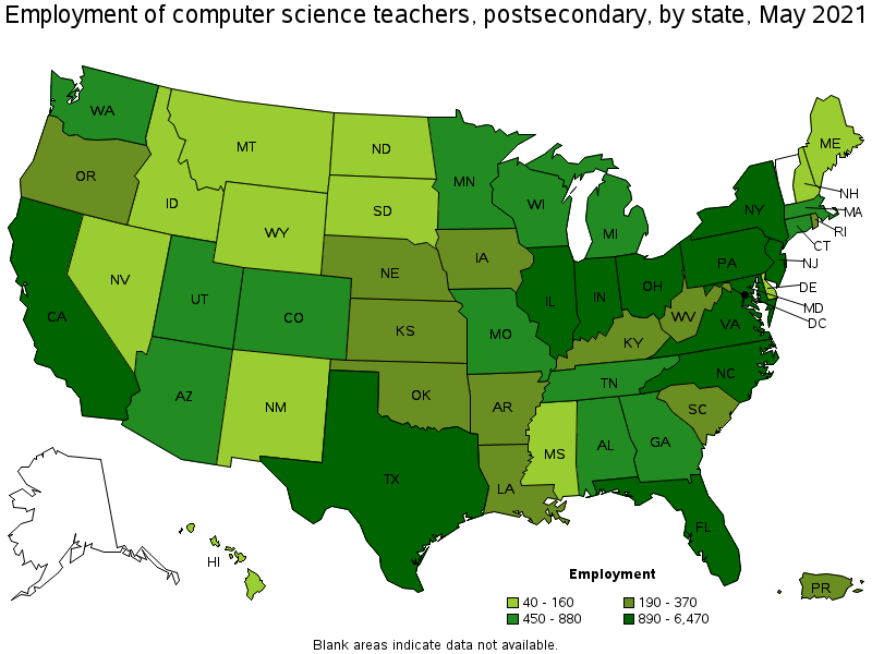 Map of employment of computer science teachers, postsecondary by state, May 2021