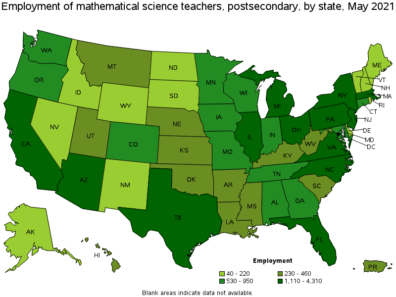 Map of employment of mathematical science teachers, postsecondary by state, May 2021