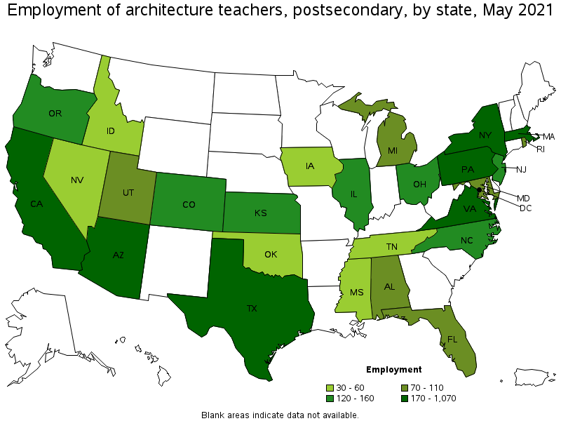 Map of employment of architecture teachers, postsecondary by state, May 2021