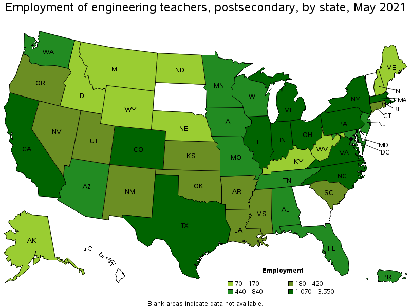 Map of employment of engineering teachers, postsecondary by state, May 2021
