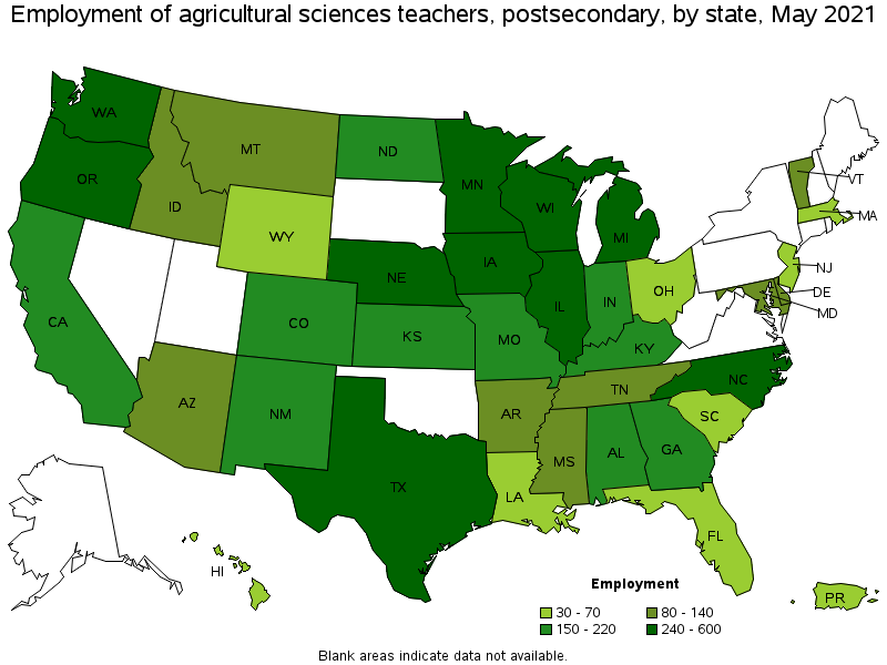 Map of employment of agricultural sciences teachers, postsecondary by state, May 2021