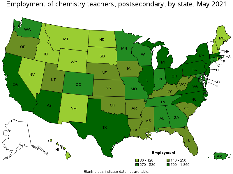 Map of employment of chemistry teachers, postsecondary by state, May 2021