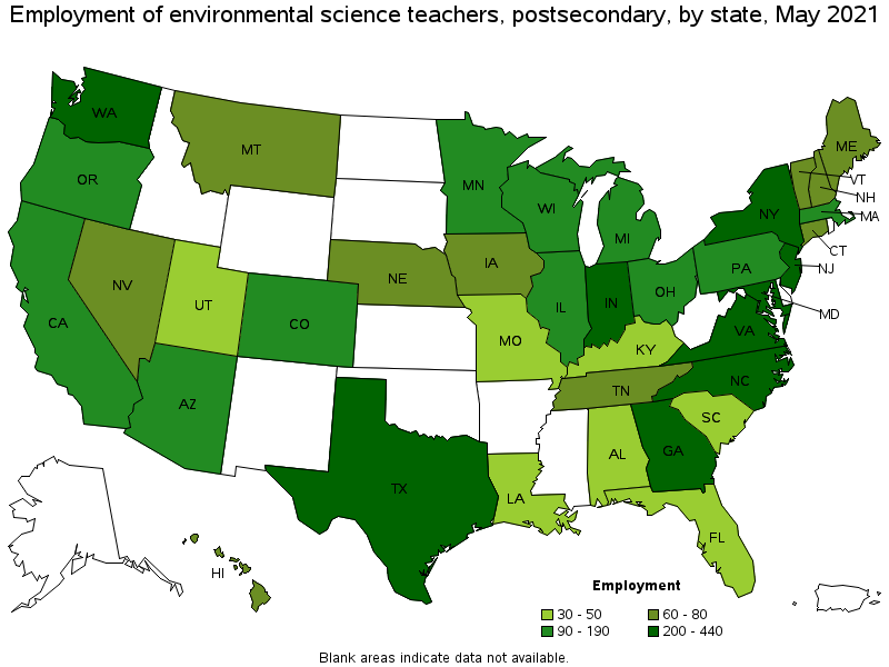 Map of employment of environmental science teachers, postsecondary by state, May 2021