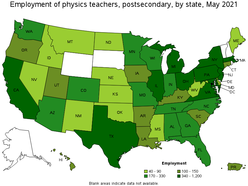 Map of employment of physics teachers, postsecondary by state, May 2021
