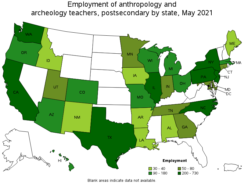 Map of employment of anthropology and archeology teachers, postsecondary by state, May 2021