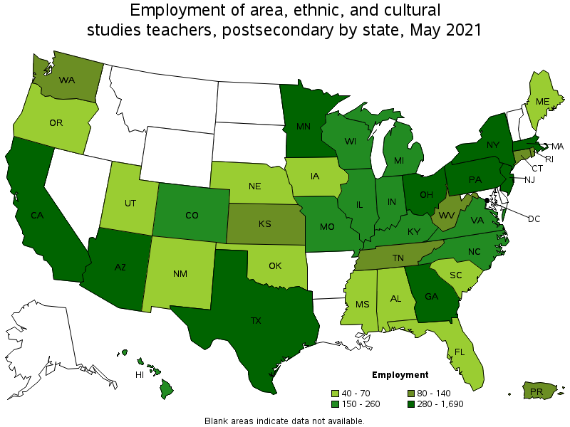 Map of employment of area, ethnic, and cultural studies teachers, postsecondary by state, May 2021
