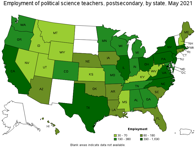 Map of employment of political science teachers, postsecondary by state, May 2021