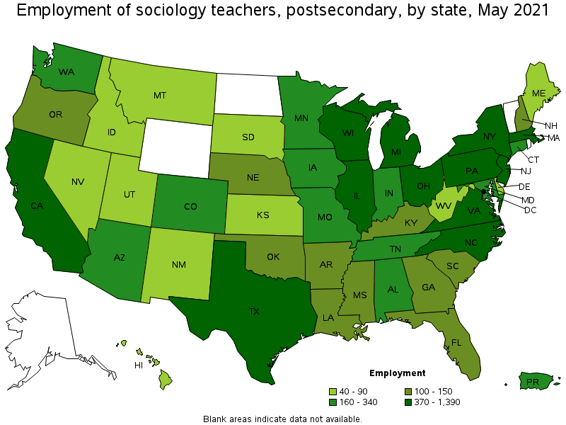 Map of employment of sociology teachers, postsecondary by state, May 2021