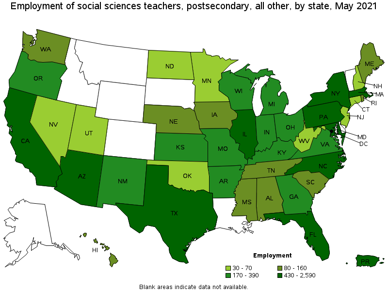 Map of employment of social sciences teachers, postsecondary, all other by state, May 2021