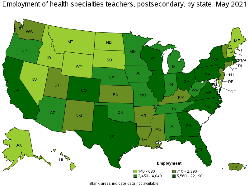 Map of employment of health specialties teachers, postsecondary by state, May 2021