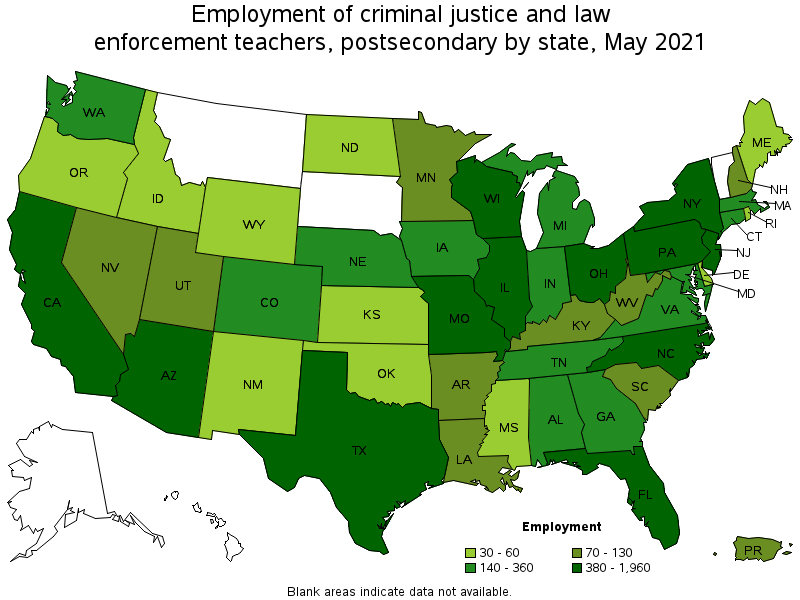 Map of employment of criminal justice and law enforcement teachers, postsecondary by state, May 2021