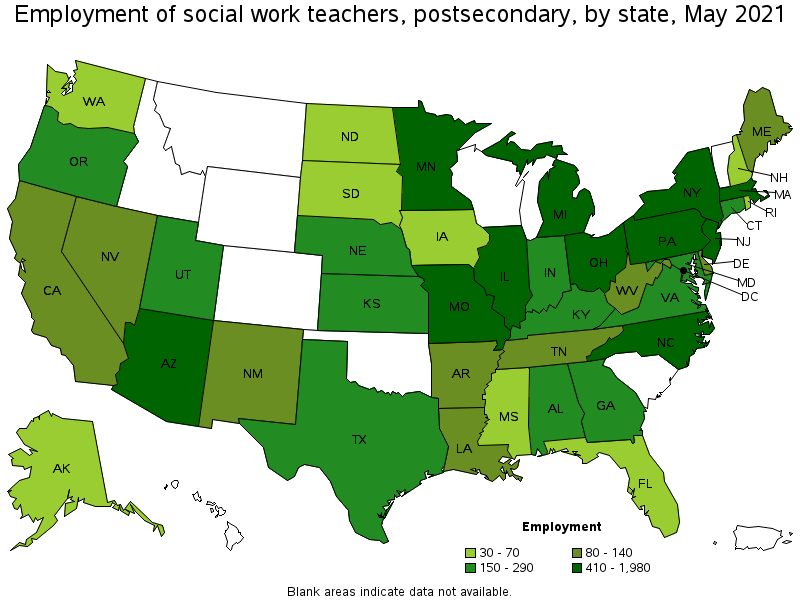Map of employment of social work teachers, postsecondary by state, May 2021