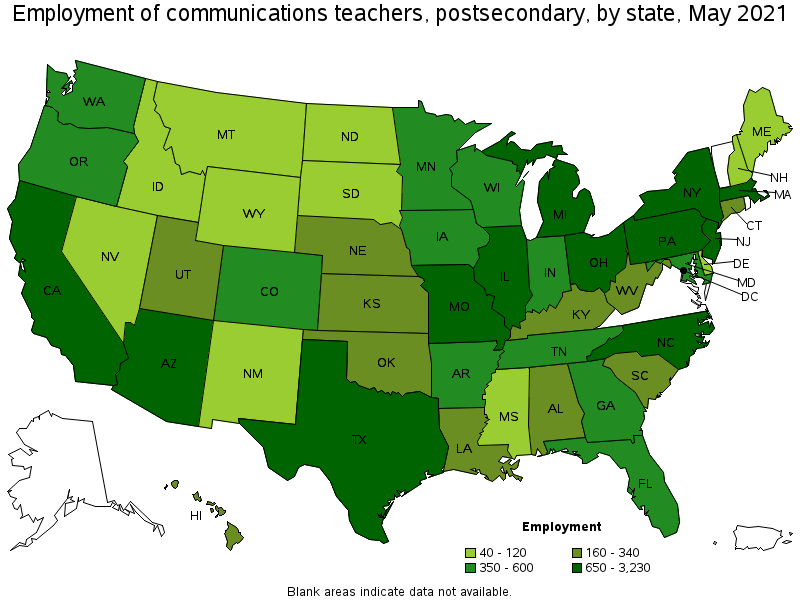 Map of employment of communications teachers, postsecondary by state, May 2021
