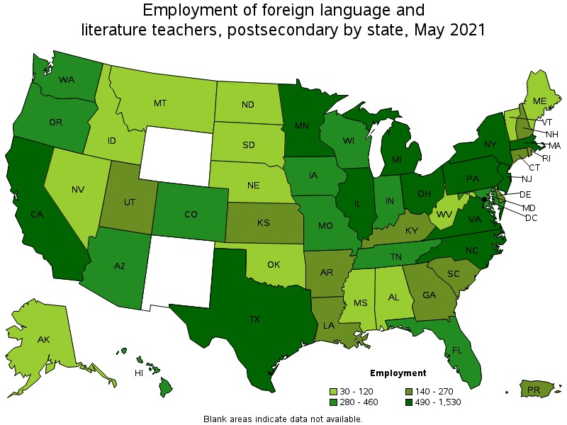 Map of employment of foreign language and literature teachers, postsecondary by state, May 2021