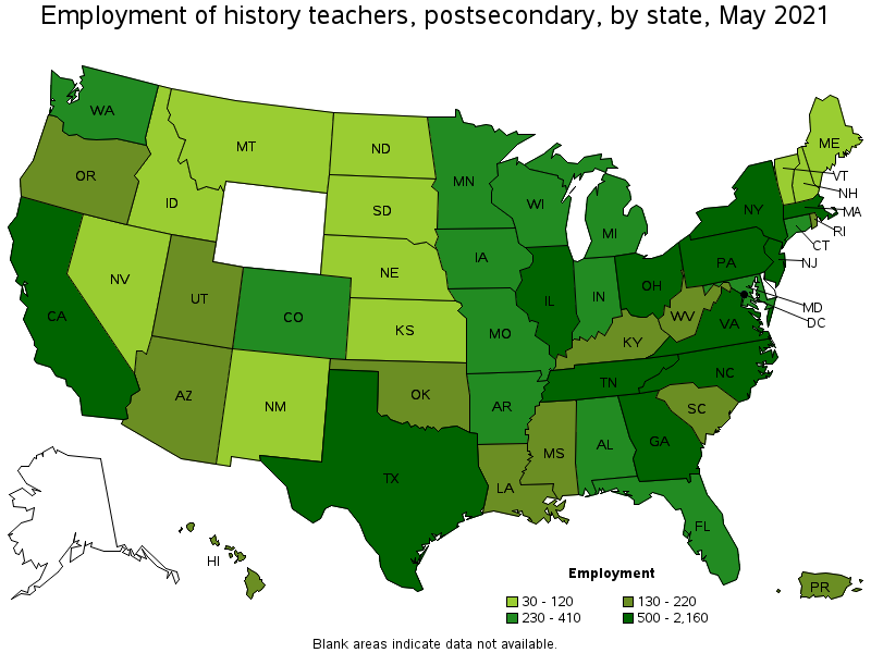 Map of employment of history teachers, postsecondary by state, May 2021