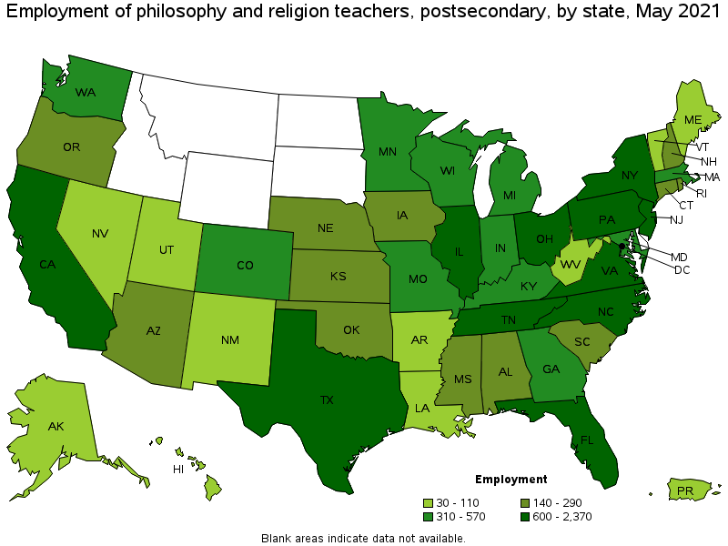 Map of employment of philosophy and religion teachers, postsecondary by state, May 2021